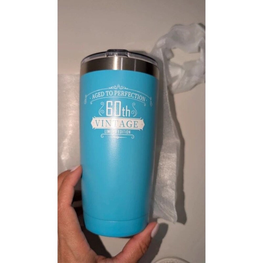 60th birthday insulated travel tumbler featuring a "Vintage Aged to Perfection"